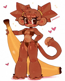accessory anthro banana big_ears bikini blush breasts brown_bikini brown_body brown_clothing brown_fur brown_hair brown_swimwear clothing countershade_face countershade_torso countershading eyelashes female food fruit fur hair hair_accessory hair_tie hand_on_hip heart_symbol medium_breasts navel nipple_outline pigtails plant pupils round_ears side-tie_bikini solo square_pupils string_bikini swimwear tail two-piece_swimsuit wide_hips kawo_oshy haplorhine mammal monkey primate 2026 absurd_res full-length_portrait hi_res portrait