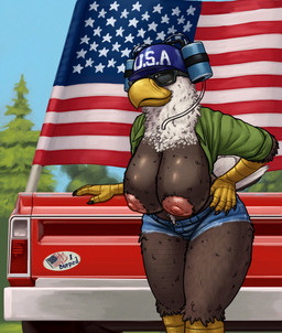 american_flag anthro areola beak big_areola big_breasts big_nipples bottomwear breasts clothing crop_top denim denim_bottomwear denim_clothing denim_shorts eyewear female flag nipples non-mammal_nipples outside sagging_breasts shirt shorts solo suggestive_pose sunglasses thick_thighs topwear united_states_of_america vehicle tall_lizzard_(artist) accipitrid accipitriform avian bird eagle