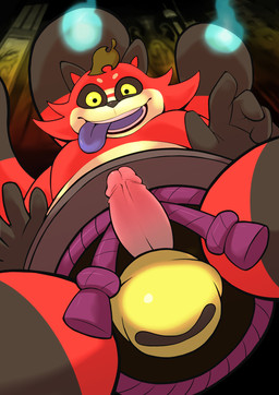 anthro belly erection fur genitals humanoid_genitalia humanoid_hands humanoid_penis leaf male overweight overweight_anthro overweight_male penis red_body red_fur solo tongue tongue_out kori-nio level-5 yo-kai_watch teastroyer canid canine mammal raccoon_dog tanuki 2015 hi_res