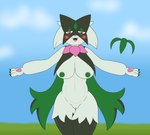 anthro areola big_breasts blush breasts claws cloud cute_fangs fangs female fur genitals green_areola green_body green_fur green_nipples looking_at_viewer mask nipples nude outside pawpads petals pink_eyes pussy solo teeth thick_thighs wide_hips kamek_sans nintendo pokemon generation_9_pokemon meowscarada pokemon_(species) absurd_res hi_res