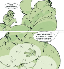 2_panel_comic anthro bulge butt butt_crush butt_squish clothing dialogue dominant dominant_male duo hat headgear headwear heart_clothing heart_symbol heart_underwear larger_dom low-angle_view macro male male/male sitting sitting_on_another size_difference squish text underwear wretchedwrench wrench_(wretchedwrench) canid canine canis domestic_dog mammal 2026 absurd_res english_text hi_res monochrome