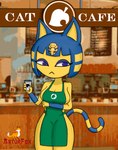 anthro apron apron_only blue_eyes blue_hair breasts clothing female hair solo tail text yellow_body arturfox animal_crossing i_mean_breast_milk nintendo ankha_(animal_crossing) domestic_cat felid feline felis mammal english_text meme