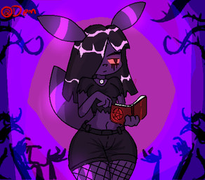 abstract_background alternative_fashion anthro book female goth purple_body reading reading_book solo demon3sigma nintendo pokemon canid canine eeveelution fox generation_2_pokemon mammal pokemon_(species) umbreon hi_res purple_theme