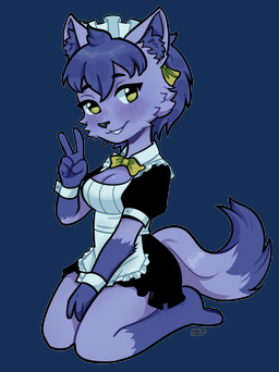 anthro blue_arms blue_body blue_ears blue_fur blue_legs blue_tail blush breasts cleavage clothed clothing ear_tuft female fluffy fur gesture hair hand_gesture kneeling maid_headdress maid_uniform pawpads short_hair smile solo tail tuft uniform v_sign yellow_bow yellow_eyes anha_plz4 night_star_(wolf) canid canine canis mammal wolf absurd_res alpha_channel hi_res