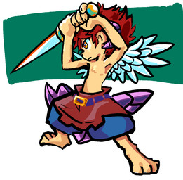 anthro barefoot bottomwear clothed clothing feathered_wings feathers feet fur hair holding_object holding_weapon horn looking_aside male melee_weapon orange_eyes pants raised_arms red_hair short_hair simple_background solo sword tan_body tan_fur topless weapon wings young actualpendragon banjirou ambiguous_species felid lion mammal pantherine digital_drawing_(artwork) digital_media_(artwork)