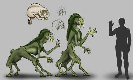 4_eyes 4_fingers ambiguous_gender anthro bone fingers fur green_body green_fur green_hair hair multi_eye multi_limb open_mouth silhouette skull solo darth_biomech alien laymaran 2019 colored