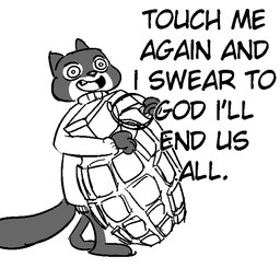 anthro clothed clothing explosives grenade insane male simple_background solo text weapon white_background wide_eyed replytoanons disney zootopia percy_vison european_polecat mammal mustelid musteline true_musteline weasel 1:1 english_text monochrome reaction_image