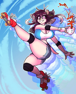 action_pose anthro big_breasts bottomwear breasts brown_body brown_fur clothing container cup eyewear female fingerless_gloves footwear fur glasses gloves handwear holding_container holding_cup holding_object holding_tea_cup looking_at_viewer open_mouth pink_eyes pose quad_skates roller_skates round_glasses shorts simple_background smile solo tail tea_cup thetransformistress thetransformistress_(character) eulipotyphlan hedgehog mammal 2026 absurd_res digital_media_(artwork) hi_res trans_(lore) trans_woman_(lore)