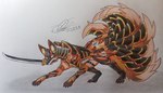 9_tails armor black_body black_fur black_hair female feral fur hair head_fur melee_weapon multi_tail orange_body orange_fur solo sword sword_in_mouth tail weapon white_body white_fur ideltasarc333 nintendo pokemon foxxi canid canine fox generation_1_pokemon mammal ninetales pokemon_(species) hi_res