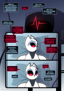 anthro bed dialogue electronics furniture grey_body hospital hospital_bed machine male monitor multicolored_body red_sclera solo speech_bubble text two_tone_body white_body rem_phase silver_(rem_phase) avian bird owl robot 2026 comic english_text hi_res