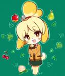 :3 anthro apple barefoot bell bell_hair_tie blonde_hair blush blush_stickers bottomwear brown_eyes cherry chibi clothed clothing eyebrow_through_hair eyebrows feet female food fruit fully_clothed fur green_background hair hands_together happy jacket jingle_bell leaf legs_together looking_at_viewer miniskirt monotone_bottomwear monotone_clothing monotone_skirt open_mouth peach_(fruit) pear plant ribbons short_hair simple_background skirt smile solo standing teeth text tied_hair topknot topwear translucent translucent_hair yellow_body yellow_fur sekihan animal_crossing nintendo isabelle_(animal_crossing) canid canine canis domestic_dog mammal shih_tzu toy_dog full-length_portrait japanese_text portrait translated