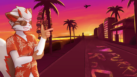 aircraft airplane aloha_shirt anthro beach brown_body building city clothed clothing detailed_background eyewear fur grey_body grey_fur hair horn male multicolored_clothing multicolored_shirt multicolored_topwear palm_tree pattern_clothing pattern_shirt pattern_topwear plant red_body red_horn sea seaside shirt smile solo sun sunglasses sunset tail topwear tree vehicle water white_body white_fur white_hair neo_arts canid domestic_cat felid feline felis hybrid mammal procyonid 16:9 hi_res widescreen