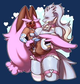 big_breasts blush blush_lines bottomwear breasts chain clothing cowbell duo female female/female flushed holding_partner hotpants legwear peeking_nipple shorts slightly_chubby smile smirk thick_thighs thigh_highs thigh_strap sugarsaturn nintendo pokemon ella_(rainethegoof) sugar_the_lopunny generation_4_pokemon generation_5_pokemon lagomorph legendary_pokemon lopunny mammal pokemon_(species) reshiram shiny_pokemon alpha_channel hi_res