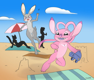 antennae_(anatomy) anthro beach blush buckteeth clothing clothing_theft featureless_chest feet female fingers fur genitals group holding_clothing holding_object navel nude open_mouth outdoor_nudity outside pink_body pink_fur purple_nose running sand_castle sculpture sitting smile stealing tail teeth toes tongue towel umbrella vulva pucco disney lilo_and_stitch zootopia angel_(lilo_and_stitch) judy_hopps alien experiment_(lilo_and_stitch) lagomorph leporid mammal rabbit absurd_res crossover digital_media_(artwork) hi_res