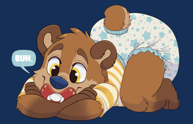 anthro barefoot blue_nose clothing diaper feet fur orange_body orange_fur pacifier paws shirt speech_bubble star_pattern t-shirt toddler topwear yellow_eyes young young_anthro bottlebear bear mammal absurd_res alpha_channel hi_res