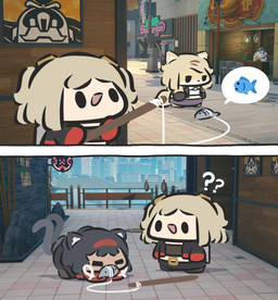 2_tails 3d_background :d all_fours anthro bait black_hair blonde_hair chibi confusion day dot_eyes eating eating_food eating_meat eyes_closed female female_anthro female_human female_humanoid fish_meat food group hair holding_object meat medium_hair mouthless multi_tail open_mouth open_smile outside question_mark red_hairband simple_eyes smile street tail trio superappleman asian_mythology east_asian_mythology japanese_mythology mihoyo mythology zenless_zone_zero burnice_white nekomiya_mana pulchra_fellini animal_humanoid cat_humanoid domestic_cat felid felid_humanoid feline feline_humanoid felis fish human humanoid mammal mammal_humanoid marine nekomata thiren yokai 2koma comic digital_drawing_(artwork) digital_media_(artwork) hi_res