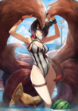 black_hair choker clothing cloud day facial_markings female food fruit hair head_markings heart_symbol jewelry markings melon multi_tail necklace one-piece_swimsuit outside plant smile solo swimwear tail water watermelon goomrrat league_of_legends riot_games tencent ahri_(lol) animal_humanoid canid canid_humanoid humanoid mammal mammal_humanoid 2017