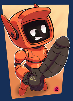 balls big_balls big_penis black_body genitals machine male orange_body penis small_but_hung solo kakau221 love_death_+_robots netflix k-vrc robot absurd_res hi_res