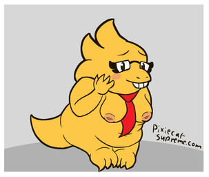 accessory anthro areola blush blushing_at_viewer blushing_profusely border breasts eyewear eyewear_on_head eyewear_only female glasses glasses_on_head glasses_only inverted_nipples mostly_nude necktie necktie_only nipples nude puffy_areola puffy_nipples shy slightly_chubby slightly_chubby_anthro slightly_chubby_female solo tail wearing_glasses white_border yellow_body pixiecatsupreme deltarune undertale_(series) alphys hi_res