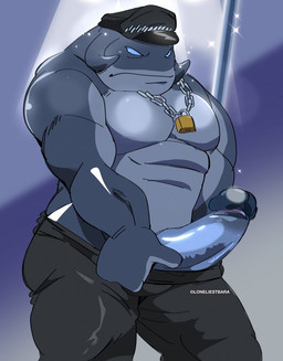 anthro black_bottomwear black_clothing black_hat black_headwear black_pants blue_eyes bottomwear chain clothed clothing empty_eyes genitals grey_body hat headgear headwear humanoid_genitalia humanoid_penis lock male muscular muscular_anthro muscular_male pants partially_clothed penis pole solo stripper_pole hollowpup disney lilo_and_stitch gantu alien