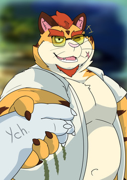 anthro brown_stripes clothed clothing duo eyewear facial_scar fur glasses hair looking_at_viewer male one_eye_closed red_hair scar stripes wearing_glasses wink winking_at_viewer yellow_body yellow_eyewear yellow_fur yellow_glasses tobyfox1214 quantum_love_theory albert_(quantum_love_theory) anon ych_(character) felid mammal pantherine tiger