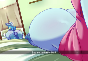 anthro bed big_butt blue_body blush butt caption cellphone clothed clothing electronics female furniture hair huge_butt looking_back lying mirror mirror_reflection mirror_selfie multicolored_hair nude on_bed phone rear_view reflection selfie shortstack smartphone solo text thick_thighs two_tone_hair wide_hips dennhaze nintendo pokemon irene_(dennhaze) eeveelution generation_4_pokemon glaceon mammal pokemon_(species) digital_media_(artwork) english_text hi_res
