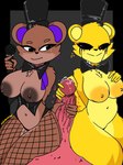 animatronic anthro bear black_eyes bow_tie breasts brown_body butt clothing collaborative collaborative_handjob collaborative_sex double_handjob electronics female fishnet_clothing fishnet_legwear five_nights_at_freddy's freddy_(fnaf) genitals golden_freddy_(fnaf) grin group handjob hat headgear headwear legwear machine male male/female mammal microphone nude nude_anthro nude_female penile penis red_body red_penis robot scottgames sex slinkmayker smile thick_thighs top_hat trio yellow_body