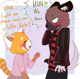 anthro blush brown_body brown_fur clothed clothing dialogue duo ellipsis fully_clothed fur head_tuft inner_ear_fluff interrobang question_mark speech_bubble text tuft stiliano aggretsuko sanrio haida_(aggretsuko) retsuko ailurid hyena mammal red_panda spotted_hyena 2018 comic english_text hi_res
