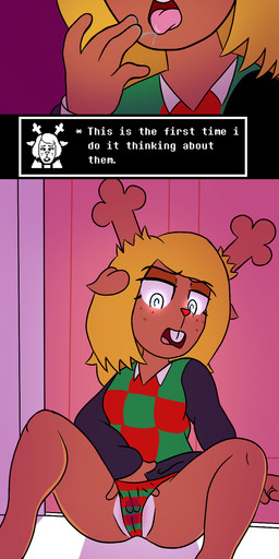 anthro antlers breasts clothed clothed_female clothing clothing_aside duo female freckles horn jewelry masturbation necklace panties panties_aside snowgrave solo text underwear underwear_aside vaginal vaginal_masturbation araby deltarune undertale undertale_(series) carol_holiday noelle_holiday deer mammal absurd_res english_text hi_res long_image tall_image