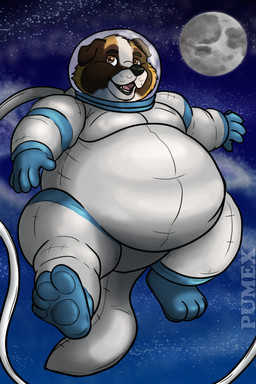 anthro belly bubble_helmet chubby_cheeks cosmos fluffy male moon overweight solo space spacesuit zero_gravity pumex canid canine canis domestic_dog mammal molosser mountain_dog saint_bernard 2:3 hi_res
