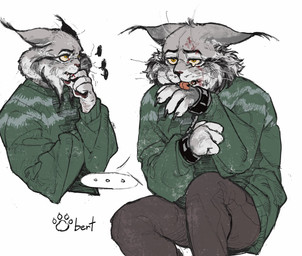 anthro blood bodily_fluids bottomwear brown_bottomwear brown_clothing brown_pants clothing cuff_(restraint) green_clothing green_sweater green_topwear hand_lick handcuffs male metal_cuffs pants restraints serious_face side_view simple_background sitting solo sweater tears topwear chanxaki disney zootopia pawbert_lynxley canada_lynx felid feline lynx mammal hi_res