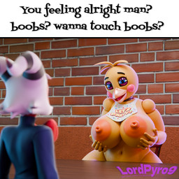 5_fingers anthro areola beak big_breasts blue_eyes blush blush_stickers bow_tie breasts brick brick_wall clothed clothing duo female fingers hair hand_on_breast holding_breast horn huge_breasts machine male narrowed_eyes navel nipples non-mammal_nipples nude segmented_body striped_horn stripes text wall_(structure) white_hair yellow_body lpyro9 mipsmiyu_(modeler) valorlynz_(modeler) boobs?_wanna_touch_boobs? five_nights_at_freddy's five_nights_at_freddy's_2 hellaverse helluva_boss scottgames moxxie_(helluva_boss) runaboo_chica toy_chica_(fnaf) avian bird chicken demon galliform horned_humanoid humanoid imp phasianid robot 1:1 2025 3d_(artwork) digital_media_(artwork) english_text meme