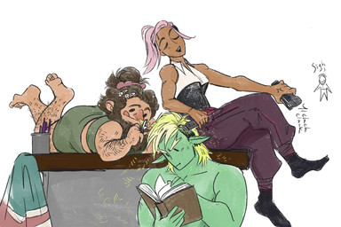 arm_hair barefoot beard blonde_hair body_hair bottomwear breasts brown_hair clothed clothing crossdressing crossdressing_male facial_hair feet female femboy footwear fully_clothed green_body green_skin group hair hairy holding_object humanoid_pointy_ears leg_hair male muscular muscular_humanoid muscular_male not_furry open_mouth pink_hair pointy_ears razor shaving shaving_head simple_background sitting skirt socks text tools topless topless_male topwear trio itskatieclearly drawfee_(copyright) drawtectives grendan_highforge gyorik_rogdul jancy_true rose_(drawtectives) dwarf human humanoid mammal orc 3:2 digital_media_(artwork) english_text hi_res nonbinary_(lore)