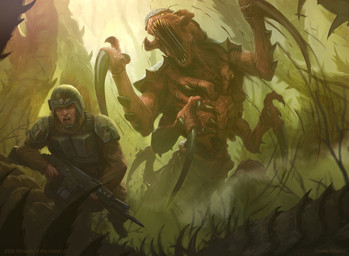 ambiguous_gender armor clothing duo exoskeleton feral footwear gun headgear helmet holding_gun holding_object holding_ranged_weapon holding_rifle holding_weapon horn male mandibles open_mouth plant ranged_weapon rifle running sharp_teeth shoes size_difference teeth weapon xavier_ribeiro hasbro magic:_the_gathering warhammer_(franchise) warhammer_40000 wizards_of_the_coast alien human mammal ravener_(tyranid) tyranid 2022 hi_res official_art