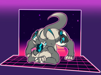 3_toes anthro arched_back armor ass_up bedroom_eyes belly big_breasts big_butt blue_eyes breast_squish breasts butt clothed clothing feet female flirting_look fur grey_body grey_fur half-closed_eyes jack-o'_pose larger_female looking_at_viewer machine narrowed_eyes nude overweight pose protogen_visor seductive size_difference slightly_chubby smile smirk solo squish synthwave tail thick_thighs thong toes underwear wide_hips svanarts mamagen mammal protogen hi_res