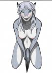 anthro biped blue_eyes blush breasts covering covering_self female hair kneeling looking_at_viewer navel nipples non-mammal_breasts nude sharp_teeth simple_background solo teeth white_background white_hair uncomfortabledrawingfurries ryn_iiskra fish marine shark