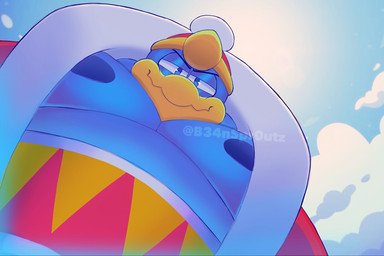 anthro beak belt big_muscles big_pecs blue_body blue_eyes clothing cloud hat headgear headwear king light looking_at_viewer low-angle_view male male/male moobs muscular narrowed_eyes nipples overweight pecs red_clothing red_hat red_headwear red_robe robe royalty sky skyscape smile smug_face solo sunlight yellow_beak b34nspr0utz kirby_(series) nintendo king_dedede avian bird penguin half-length_portrait hi_res meme portrait