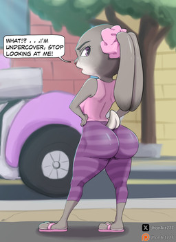 anthro big_butt butt car clothing dialogue ears_tied_back female flip_flops footwear hands_on_hips leggings legwear looking_at_viewer looking_back plant purple_eyes road sandals scrunchie scut_tail shoes short_tail solo speech_bubble tail text tight_clothing tree vehicle wide_hips jhonart777 disney patreon twitter zootopia judy_hopps european_rabbit lagomorph leporid mammal oryctolagus rabbit absurd_res artist_name english_text hi_res