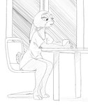 anthro barefoot bottomless chair clothed clothing container cup feet fur furniture inside shirt sitting solo t-shirt table topwear cerebral_knievel disney zootopia judy_hopps lagomorph leporid mammal rabbit 2019 hi_res monochrome