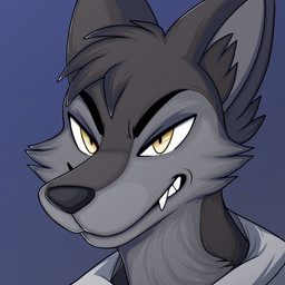 anthro big_ears biped black_body black_fur black_inner_ear_fluff black_nose blue_background cheek_tuft close-up clothing coat countershade_fur countershading evil_grin eyebrows facial_tuft fangs fluffy_ears fur gradient_background grey_body grey_fur head_tuft inner_ear_fluff lab_coat looking_at_viewer male multicolored_body multicolored_fur narrowed_eyes pivoted_ears pupils simple_background slit_pupils smile snaggle_tooth snarling snout solo teeth topwear tuft two_tone_body two_tone_fur white_clothing white_sclera white_topwear yellow_eyes hachimakiyaki janusz canid canine canis hybrid mammal wolf wolfdog 1:1 2026 bust_portrait digital_drawing_(artwork) digital_media_(artwork) icon portrait