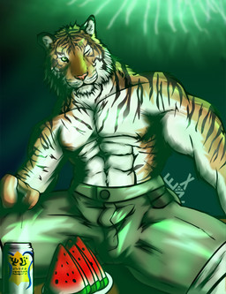 abs anthro athletic beverage biceps biped black_body black_fur bottomwear clothed clothing food fruit fur green_eyes male markings melon muscular muscular_anthro one_eye_closed orange_body orange_fur pants pecs plant pose sitting solo stripes topless watermelon watermelon_slice white_body white_fur wink exz felid mammal pantherine tiger green_theme
