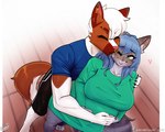 anthro breasts clothing duo ear_piercing facial_piercing female holding_belly hug kissing_cheek male male/female nose_piercing piercing pregnant vixie00 canid canine canis domestic_cat felid feline felis mammal wolf hi_res