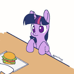 burger female feral food fruit furniture horn lettuce open_mouth plant simple_background solo table tomato tray vegetable ponionyy friendship_is_magic hasbro my_little_pony mythology twilight_sparkle_(mlp) equid equine mammal mythological_creature mythological_equine unicorn animated