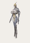 areola barcode big_breasts breasts covered_eyes exposed_breasts female genitals gun huge_breasts machine nipple_chain nipple_piercing nipples not_furry piercing pussy ranged_weapon simple_background solo standing weapon white_body haydret digital_extremes tencent warframe mesa_(warframe) alien android humanoid robot tenno absurd_res hi_res