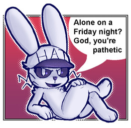 3_toes 4_fingers anthro baseball_cap big_eyes black_nose black_sclera black_tongue border butt chest_tuft clothing crossed_legs dialogue eyelashes feet female fingers flat_chested fur furgonomic_headwear furgonomics gradient_background hat hat_only headgear headgear_only headwear headwear_only insult insulting_viewer long_ears looking_at_viewer mostly_nude no_pupils open_mouth open_smile reclining red_background simple_background smile smug solo speech_bubble tailless talking_to_viewer text text_on_clothing text_on_hat text_on_headwear thick_thighs toes tongue tuft whiskers white_body white_border white_clothing white_eyes white_fur white_hat white_headwear lizardfungus alone_on_a_friday_night_(meme) cc-by-nc-nd creative_commons jenny_jeungman lagomorph leporid mammal rabbit 2025 aliasing binary_drawing digital_drawing_(artwork) digital_media_(artwork) english_text halftone shaded soft_shading