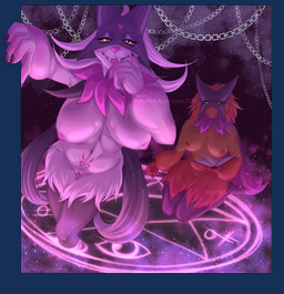 4_fingers belly_tattoo black_claws black_eyelids black_hair black_legs book breasts chain chalk claws duo fangs female fingers genitals hair heart_symbol mask multicolored_body navel nipples nyct orange_hair pink_body pink_hair pink_nipples pink_nose pink_sclera pink_vulva simple_background summoning summoning_circle tattoo teeth vulva yellow_eyes albtraumwach nintendo pokemon demon generation_9_pokemon meowscarada pokemon_(species) succubus maple_(disambiguation) absurd_res hi_res