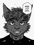 anthro ear_piercing ear_ring fur hair male open_mouth open_smile piercing ring_piercing smile solo speech_bubble text javacatdotio jujutsu_kaisen nah_i'd_win domestic_cat felid feline felis mammal 3:4 english_text meme monochrome reaction_image