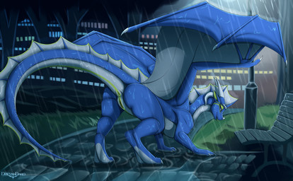 anus bench blep blue_body blue_scales facial_horn female feral genitals horn lamp looking_at_viewer looking_back looking_back_at_viewer membrane_(anatomy) membranous_wings nose_horn outside park park_bench raining rear_view scales solo standing tail tongue tongue_out vulva wings dreyk-daro european_mythology mythology dragon mythological_creature mythological_scalie scalie western_dragon hi_res