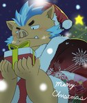 anthro blue_hair blush brown_body brown_fur christmas_clothing christmas_decorations christmas_headwear christmas_ornament christmas_present clothing eyebrows fur gift hair headgear headwear holidays male solo thick_eyebrows tusks usiaki5 christmas lifewonders tokyo_afterschool_summoners ganglie_(tas) mammal suid suina sus_(pig) wild_boar hi_res