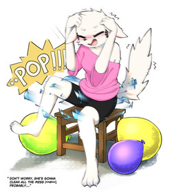 anthro balloon balloon_fetish balloon_pieces balloon_popping blush bottomwear clothing covering covering_ears crushed_object eyes_closed facial_markings female furniture head_markings inflatable markings motion_lines open_mouth popped_balloon popping scared shirt shorts sitting solo sound_effects stool text topwear rozackarysfw rin_(rozackarysfw) felid feline mammal 2025 absurd_res english_text hi_res